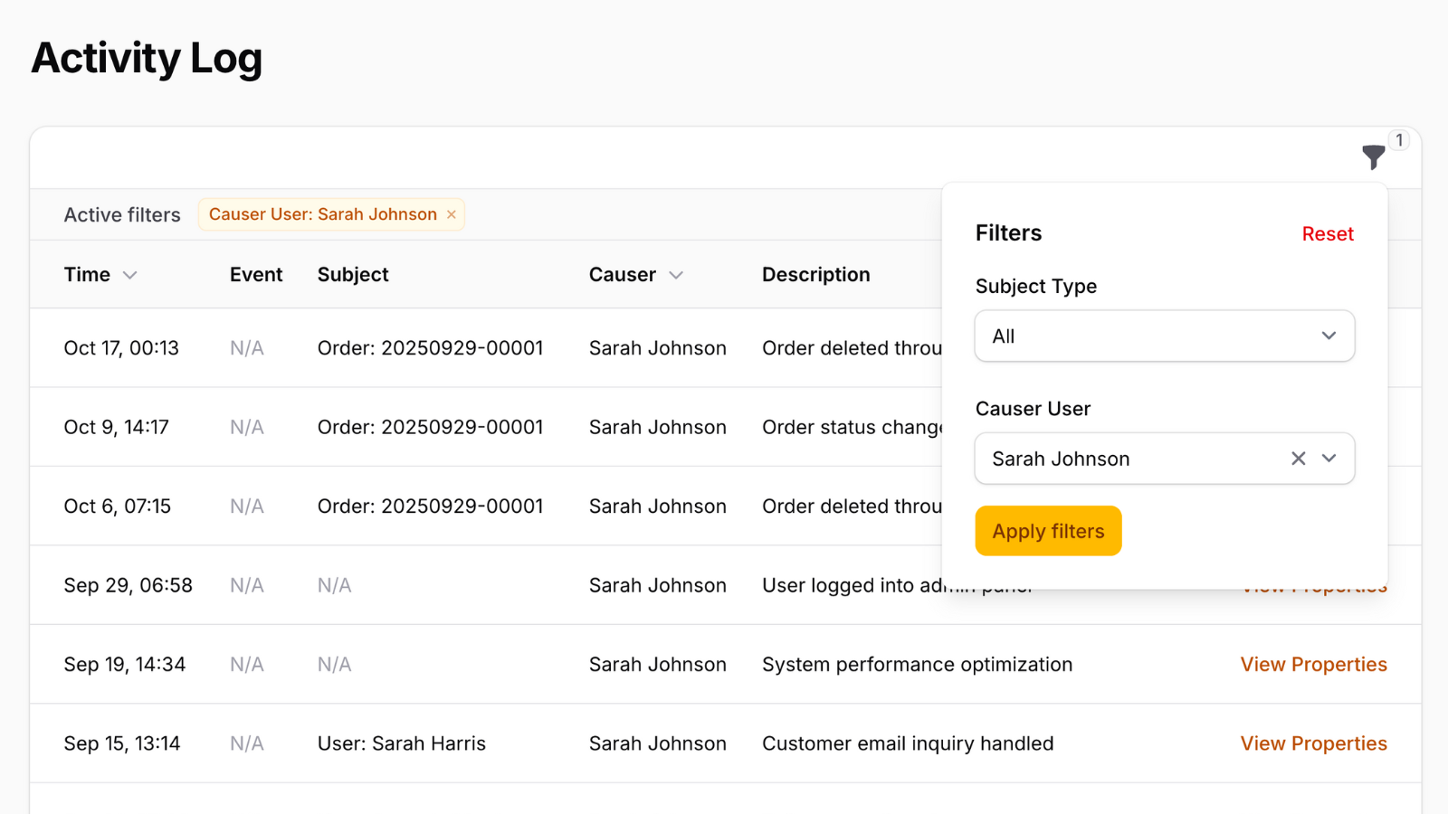 Filament Spatie Activity Log UI Viewer Page