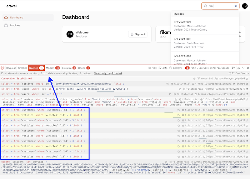 Filament Global Search: Eager Load Relationships to Avoid N+1 Queries