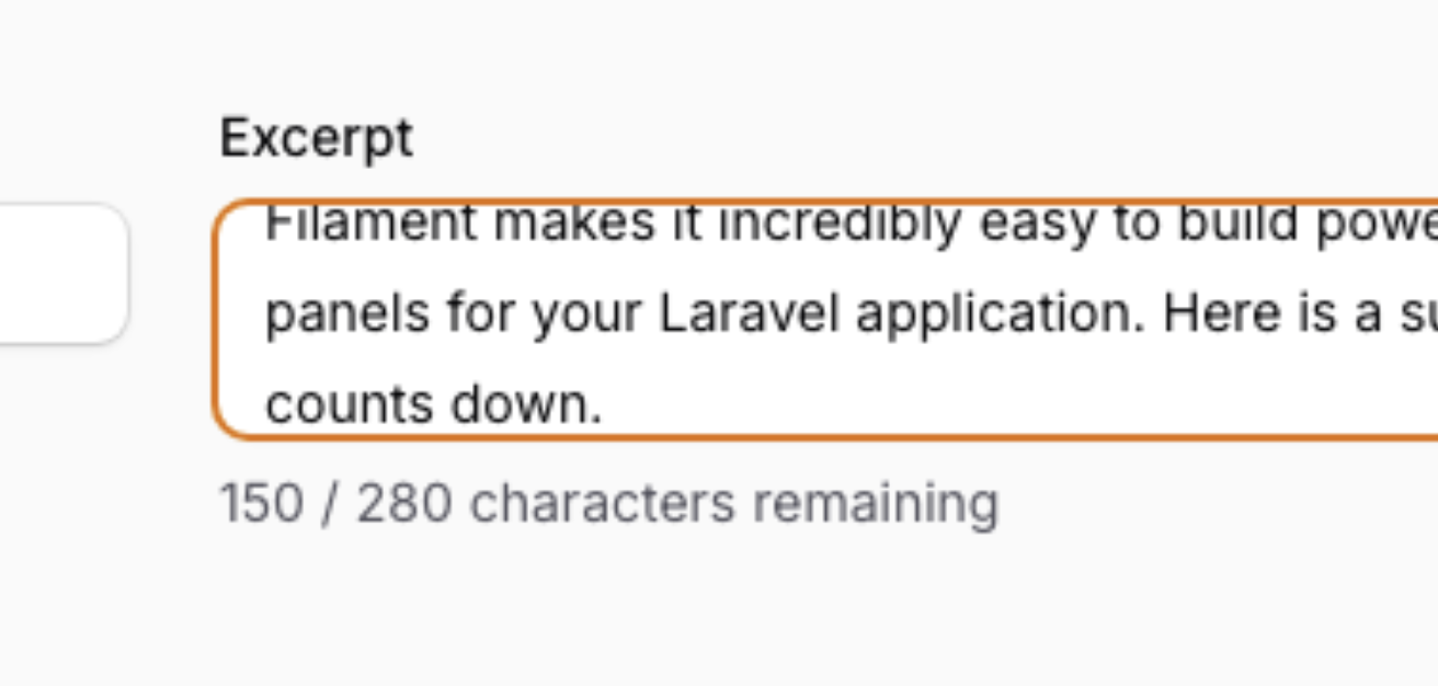 Filament: Show a Live Character Count Under a Field Using JsContent